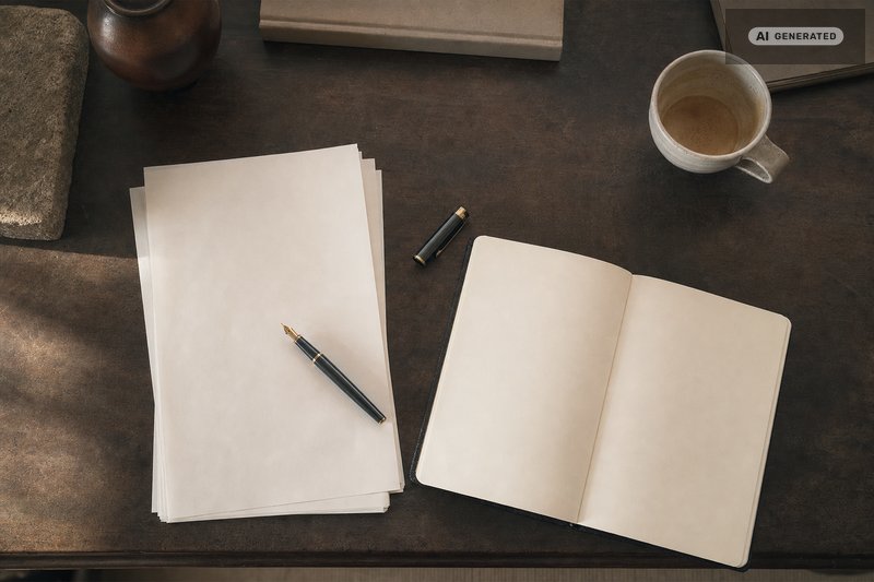 Schreibtisch mit Papier, Stift und aufgeschlagenem Notizbuch (KI-generiertes Bild)