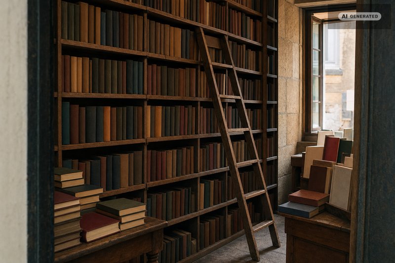 Blick in ein hohes Bücherregal einer Buchhandlung (KI-generiertes Bild)