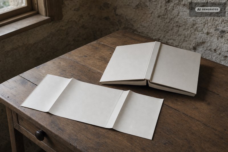 Aufgeschlagener Schutzumschlag eines gebundenen Buches (KI-generiertes Bild)